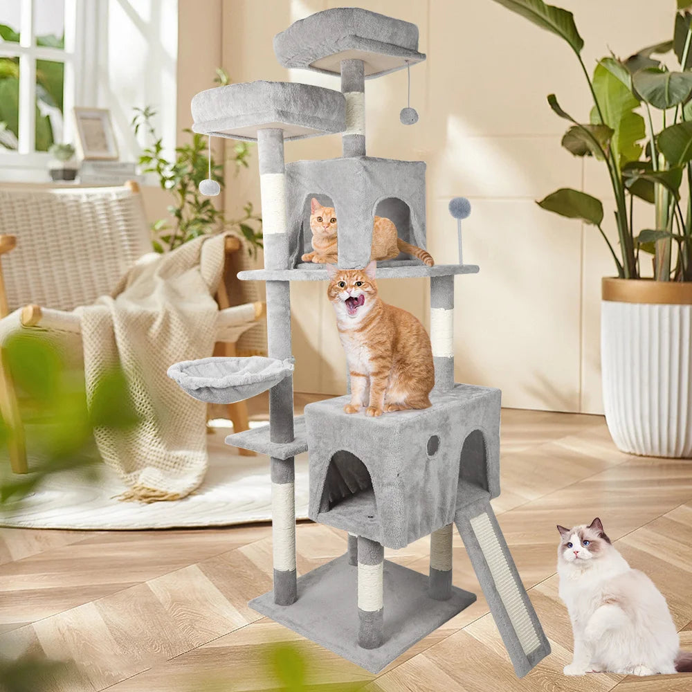 Vierstufiger Kletterbaum mit Katzenhaus und Plüsch Hängematte