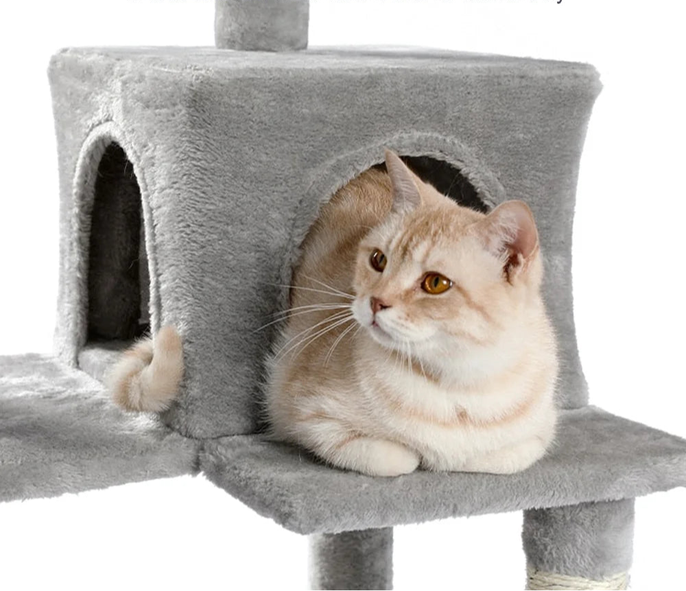 Vierstufiger Kletterbaum mit Katzenhaus und Plüsch Hängematte
