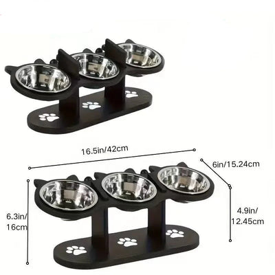 Verstellbarer Futternapf mit 3 Edelstahlnäpfen und Holzständer