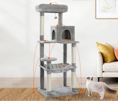 Vierstufiger Kletterbaum mit Katzenhaus und Plüsch Hängematte